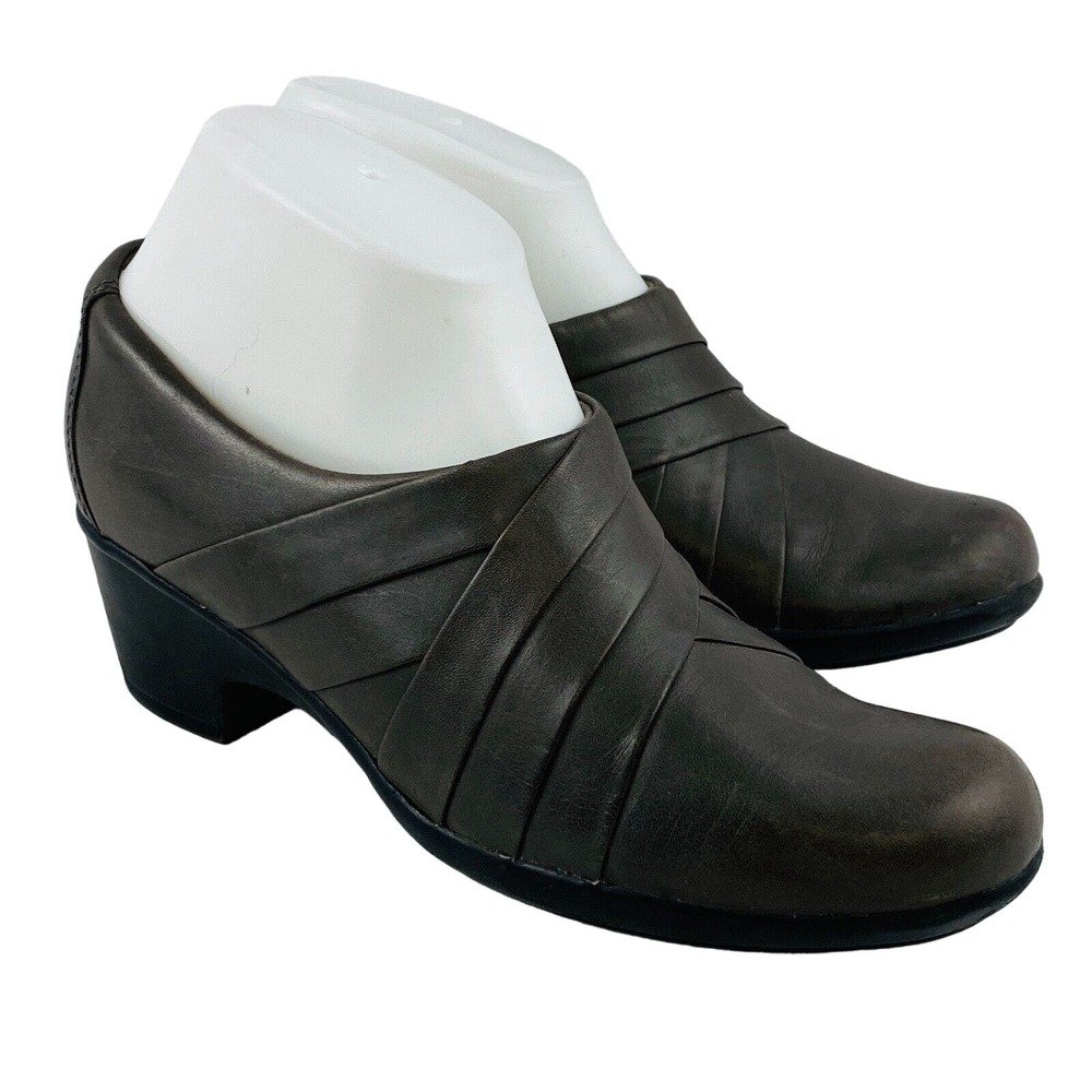 Womens 7M Clarks Genette Rise Clog Grey Leather‎ Gray Side Zip Shoes 2" Heels